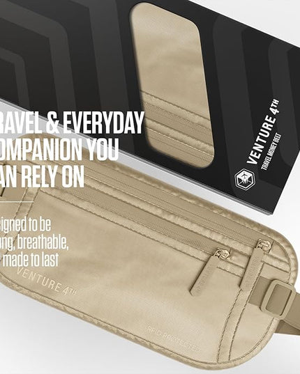 VENTURE 4TH Money Belt for Travel – Hidden Under-Clothes RFID Blocking Passport Holder & Slim Travel Wallet Pouch for Men & Women to Protect Cash, Cards & Documents (Sleek Beige)