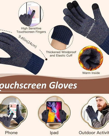 Men Women Winter Beanie Hats Scarf with Touchscreen Gloves Warm Knit Themal Gloves Long Scarf Set with Fleece Lined