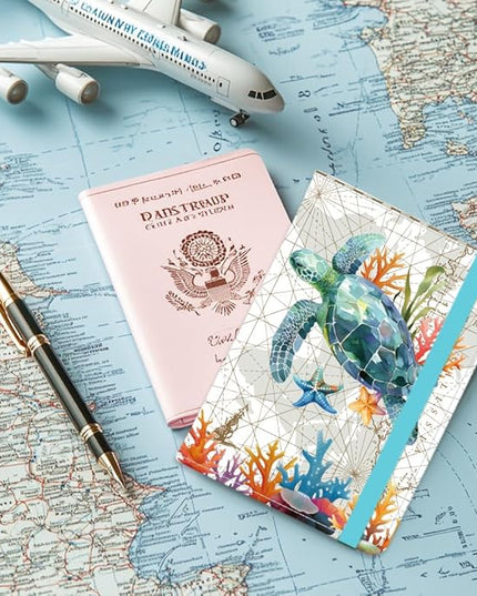 Sea Turtle Leather Passport Holder Cover Blue Ocean Travel Wallet Passport Case with Credit Card Slots for Women Men Travelling Essentials for Flying