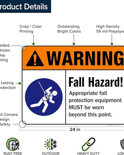 Warning Fall Hazard Appropriate Fall Protection Equipment Sign, 18x24 Inches, 55 mil thick HDPS (high density polystyrene), Made in USA by My Sign Center