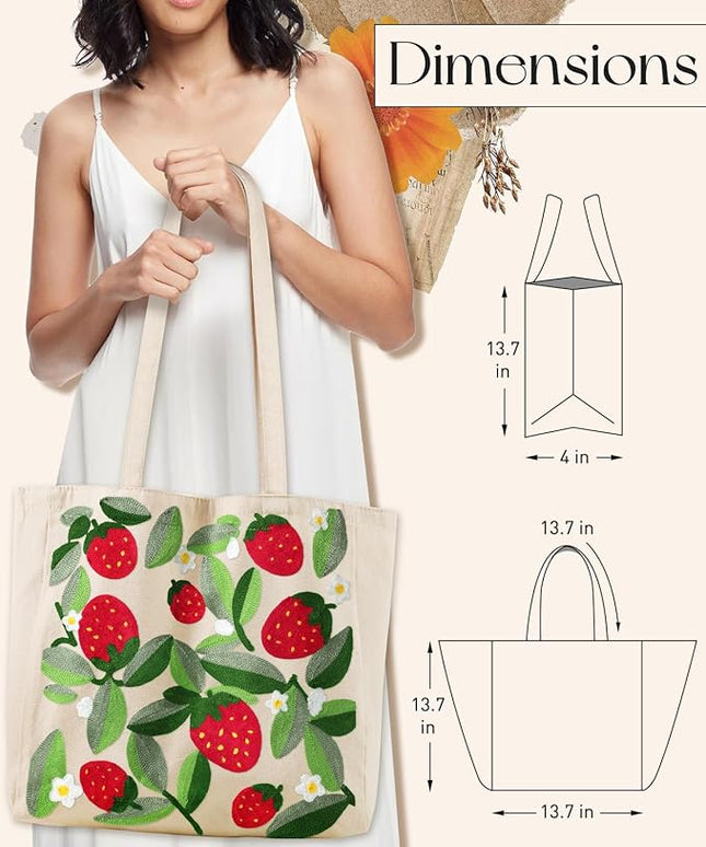 Aesthetic Embroidery Tote Bag for Women - Reusable Canvas Cute Shoulder Bag for Shopping, Grocery, Work, Book