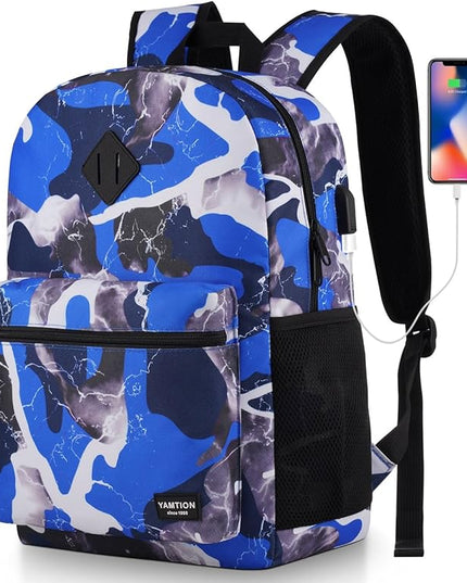 YAMTION School Backpack Stone Textured,Classic Bookbag Men and Teen Boy Schoolbag with USB Charging Port for High School College Office Work Travel