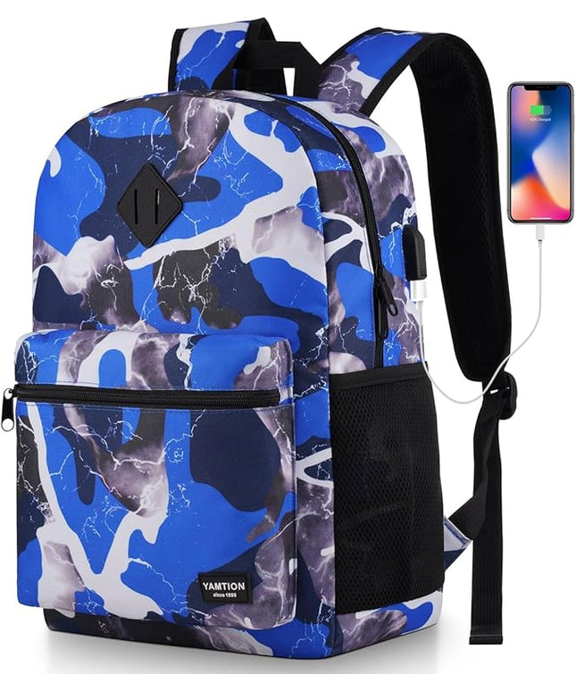 YAMTION School Backpack Stone Textured,Classic Bookbag Men and Teen Boy Schoolbag with USB Charging Port for High School College Office Work Travel