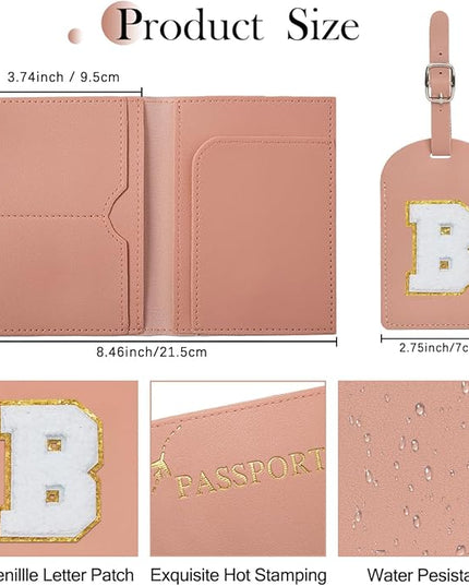 Initial Passport Cover Holder and Luggage tag Set,PU Leather Passport Case Travel Suitcase Tag with Letter Patch, Personalized Travel Luggage Accessories Gifts for Women Grils Teenage Pink F