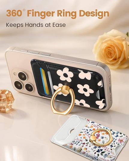 Shorogyt Compatible with Magsafe Wallet Magnetic Card Holder - Phone Wallets with Ring Grip Stand Cute Fashion for iPhone 17/16/15/14/13/12 Series for Women Girls Black Flower Design, Fit 3 Cards