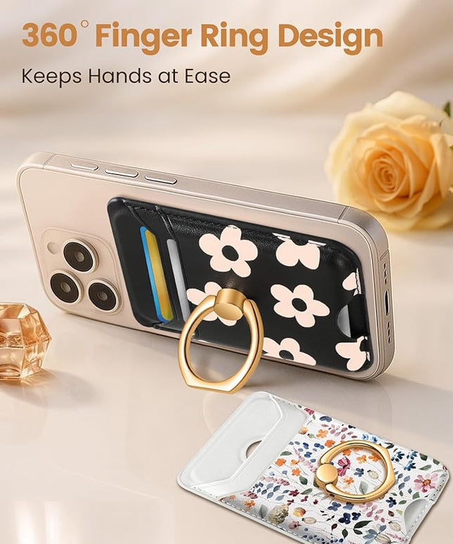 Shorogyt Compatible with Magsafe Wallet Magnetic Card Holder - Phone Wallets with Ring Grip Stand Cute Fashion for iPhone 17/16/15/14/13/12 Series for Women Girls Black Flower Design, Fit 3 Cards