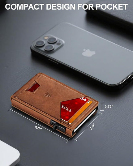 Ruiici Wallet for Men, Slim Minimalist Wallet with Money Clip＆ID Window, RFID Blocking Pop-Up Credit Card Holder, Smart Auminum Mens Wallet Holds 9-13 Cards (Gift Box) (Brown)