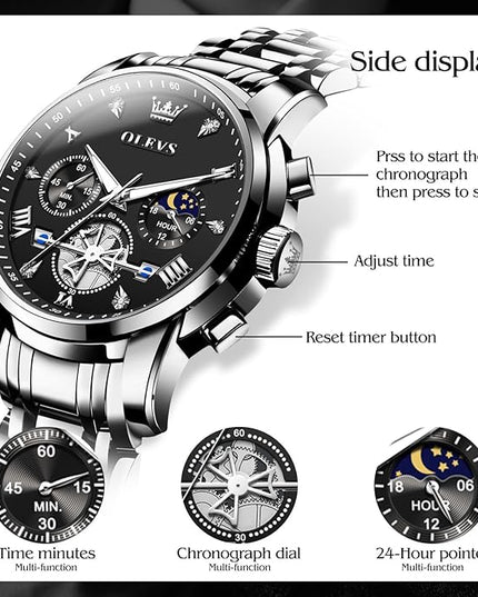OLEVS Mens Watches Chronograph Watch Luxury Dress Stainless Steel Waterproof Watches for Men Moon Phase Luminous Business Calendar Wrist Watch Blue/Black/Green/Gold/Face