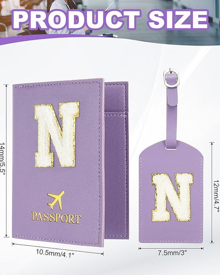 PATIKIL Passport Holder for Travel, Initial Passport Cover and Luggage Tag Set with Alphabet Chenille Letter Patch Travel Wallet Bag Suitcase Identifier for Women Family Travel Purple N