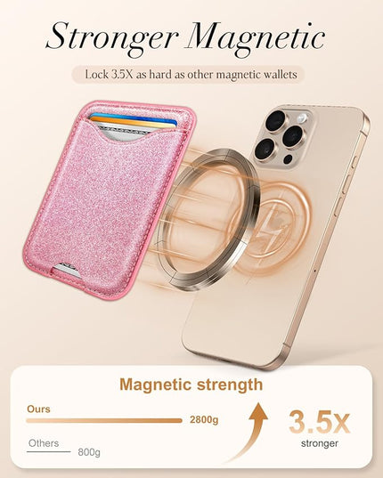 Shorogyt Compatible with Magsafe Wallet Magnetic Card Holder - Glitter Pk Phone Wallets for Women Teen Girls Fashion for iPhone 16/15/14/13/12 Series Slim for Apple Mag RFID Magnet, Fit 3 Cards