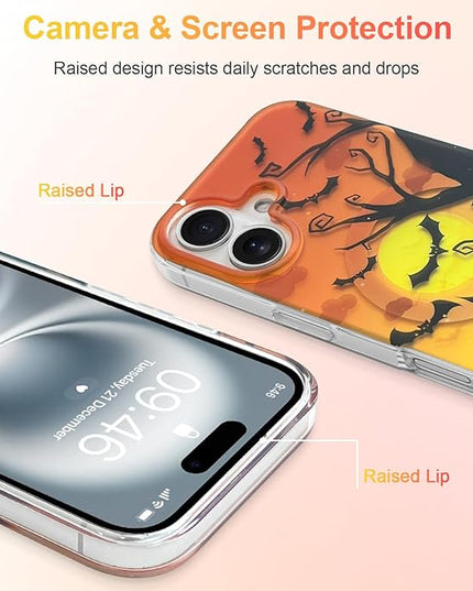 Halloween Case for iPhone 16 Case [ Compatible with Magsafe ] Holographic Orange Sky with Black Castle, Bats, Ghosts and Pumpkins Pattern Design, Creative Magnetic Protective Phone Cover