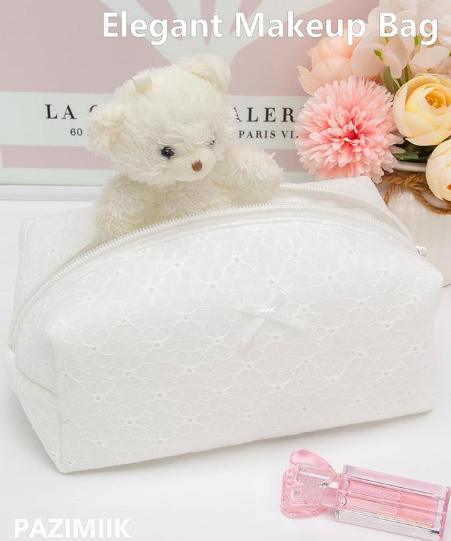 PAZIMIIK Cozy Makeup Bag Small Aesthetic Travel Zipper Cosmetic Pouch for Women Make Up Beauty Accessories Brushes,Embroidery Flower