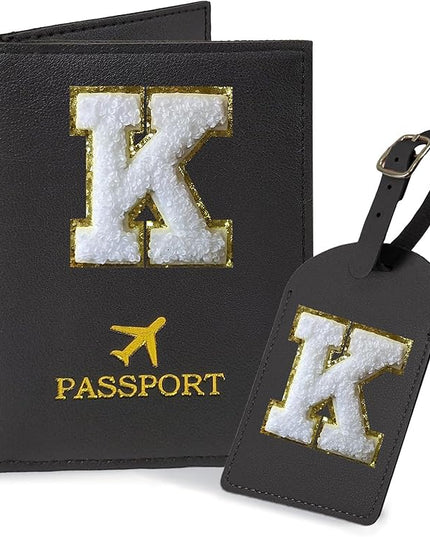 COSHAYSOO Black Initial Passport Cover Holder and Luggage Tag Set TSA Approved with Chenille Letter Patch for Women Teenage Girls, Traveling Necessities Supply Unique Bag Suitcase Identifier (K)