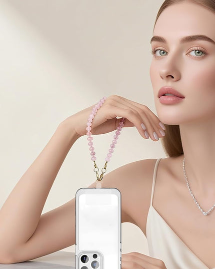 Natural Stone Beaded Phone Wrist Strap for Women – Detachable Chain Wristlet, Durable 304 Stainless Steel Core (Rose Quartz)