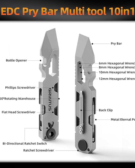 EDC Pry Bar Multitool with Bi-Directional Ratchet Screwdriver & Everlasting Pen, Wrenches, Crowbar, Bottle and Box Openers - Your Versatile Companion for Everyday Carry and Camping Accessories