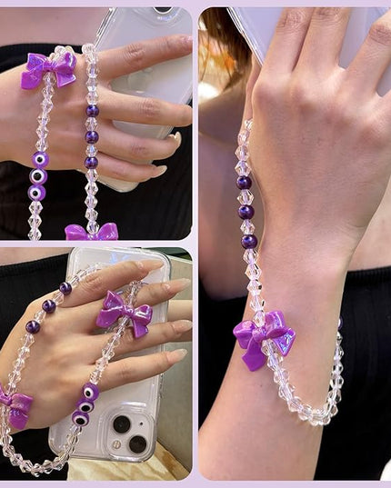 Handmade Evil Eye Phone Charm Strap – Purple Beaded Phone Chain with Pearl & Bow Pendant, Cute Wrist Strap Phone Lanyard for Women Girls