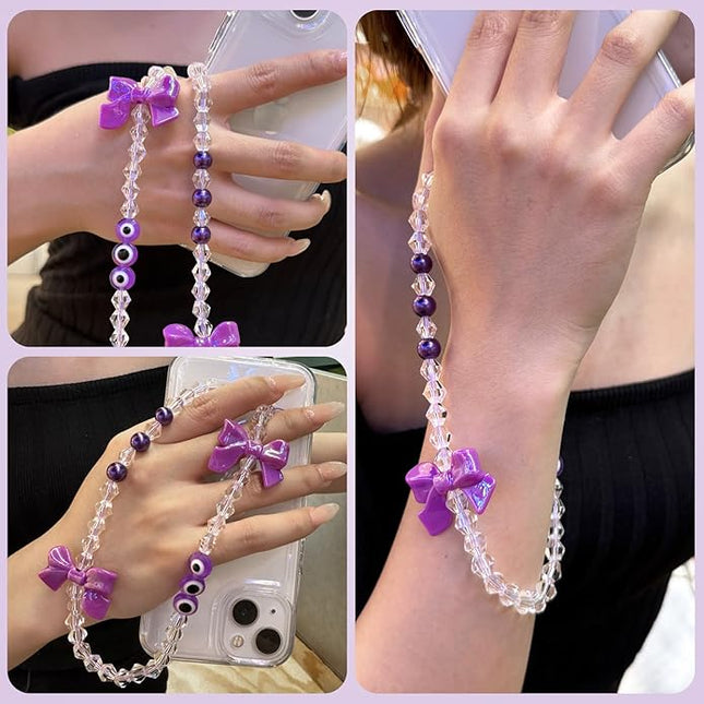 Handmade Evil Eye Phone Charm Strap – Purple Beaded Phone Chain with Pearl & Bow Pendant, Cute Wrist Strap Phone Lanyard for Women Girls