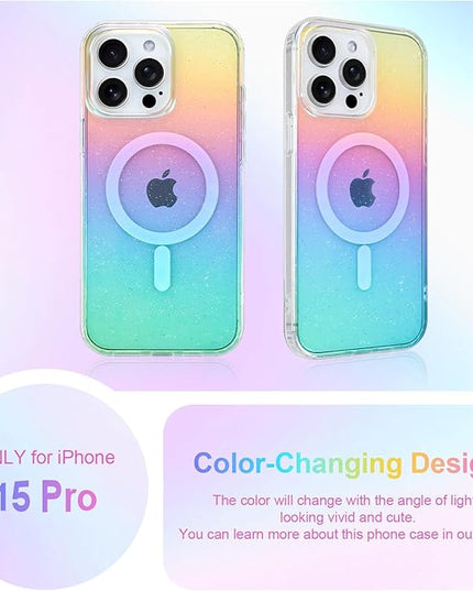 Glitter Case for iPhone 15 Pro Case for Women Girls [ Compatible with Magsafe ] Clear Cute Girly Aesthetic Iridescent Rainbow Sparkly Bling Magnetic Phone Cover, Gradient Blue & Pink