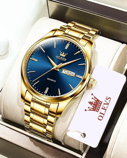 OLEVS Men's Luxury Watch Waterproof Luminous Easy Read Chronograph Watches Full Gold/White Dail/Black Face with Calendar Wristwatch