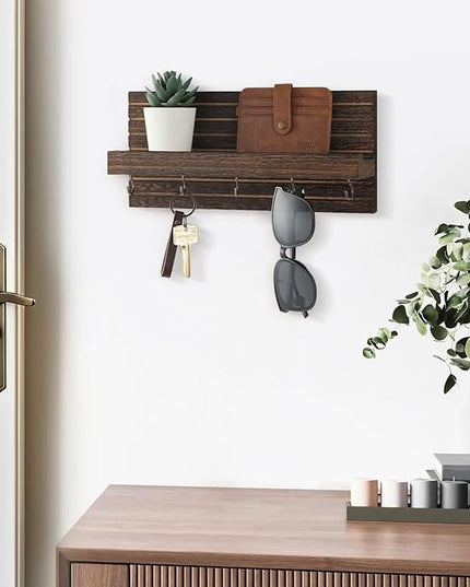 Lwenki Decorative Key Holder for Wall with Shelf, Entryway Shelf with Hooks Holds Leashes, Jackets and Glasses – Sturdy Wood Keyholder Entrance Hanger with Mounting Hardware (Brown, Medium)
