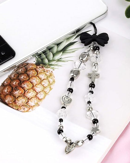 Draupnir 4pcs Phone Charms Strap, Butterfly Bow Camera Strap Wrist Beaded Phone Bracelet Wrist Straps, Pearl Bracelet Lanyard Keychain Charm for Women