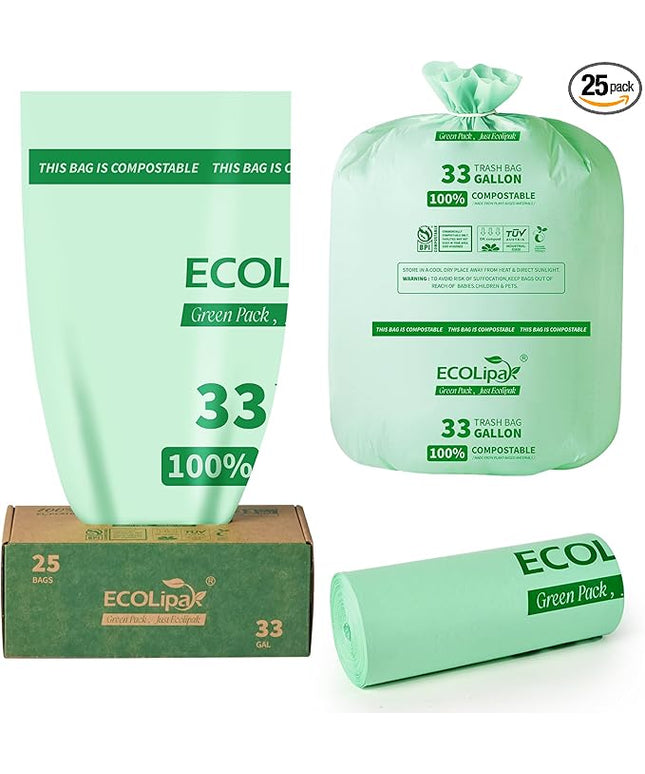 ECOLipak 33 Gallon Compostable Trash Garbage Bags, 25 Count (1 Roll) Biodegradable Heavy Duty Large Outdoor Trash Bags for Lawn/Yard, US BPI ASTM D6400 and OK Compost Home Certified
