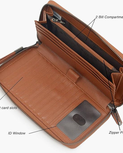 Bveyzi Women RFID Blocking Wallet Leather Zip Around Phone Clutch Large Capacity Ladies Travel Purse Wristlet | RFID Blocking, Zip Around, Large Capacity