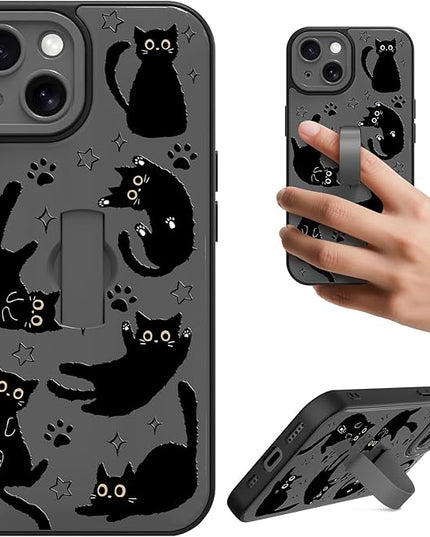 Cute Case for iPhone 15 Case with Finger Loop Stand, Kawaii Black Cats Pattern Design for Women Girls Boys, Full Camera Protection Protective Phone Cover with Hand Strap Kickstand