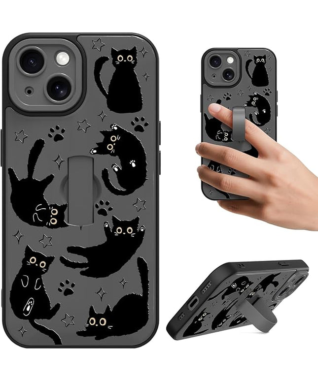 Cute Case for iPhone 15 Case with Finger Loop Stand, Kawaii Black Cats Pattern Design for Women Girls Boys, Full Camera Protection Protective Phone Cover with Hand Strap Kickstand