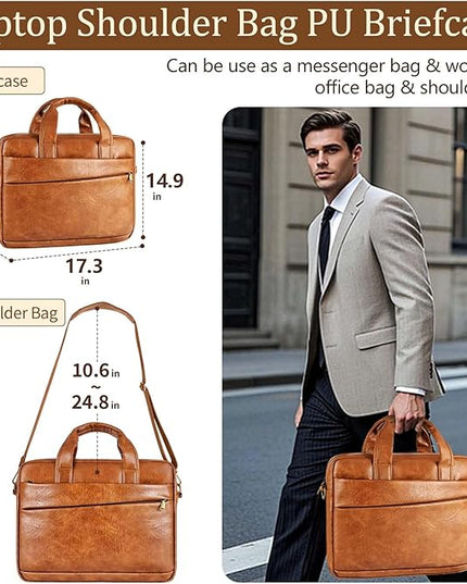 Faux Leather Messenger Bag for Men 17.3 Inch: Laptop Bag Briefcase Computer Handbags Shoulder Crossbody Bag with Padded Laptop Sleeve for Work College Travel, PU Brown