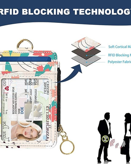 Slim Wallet Credit Card Holder, Pink and green flowers, RFID Wallet Women Cute Small Front Pocket Wallet With Zipper, PU Leather Thin travel RFID Blocking Card Case ID Window,Ladies Gifts