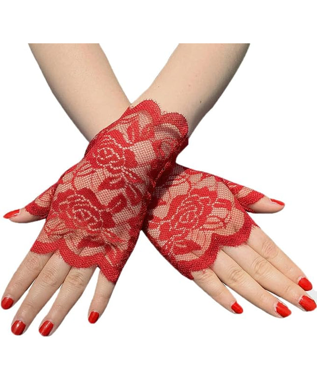 Women's Short Lace Gloves Fingerless for Driving Wedding Wrist Length Bridal Prom Gloves