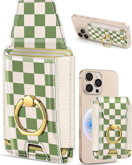Shorogyt Compatible with Magsafe Wallet with Ring Grip Magnetic Card Holder - Cute Phone Wallets with Stand for iPhone 17/16/15/14/13/12 Series for Women Girls Green Grid Design, Fit 7 Cards