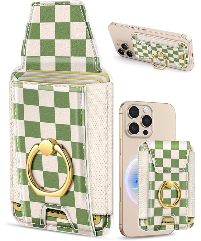 Shorogyt Compatible with Magsafe Wallet with Ring Grip Magnetic Card Holder - Cute Phone Wallets with Stand for iPhone 17/16/15/14/13/12 Series for Women Girls Green Grid Design, Fit 7 Cards