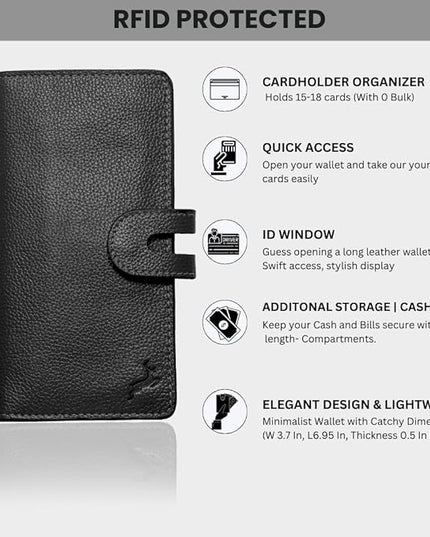 DEERHANDMADE womens wallet (Holds 15-18 Cards, 4 Flat Pockets, 1 ID Windows) Genuine Leather clutch purses for women | Slim long wallets for women | rfid blocking wallet (black wallet)