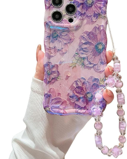 for iPhone 15 Plus Wavy Case, [Curly Protection Frame][Vintage Glossy Oil Painting Floral Print] with Lovely Bead Chain for Grils and Women (Purple)