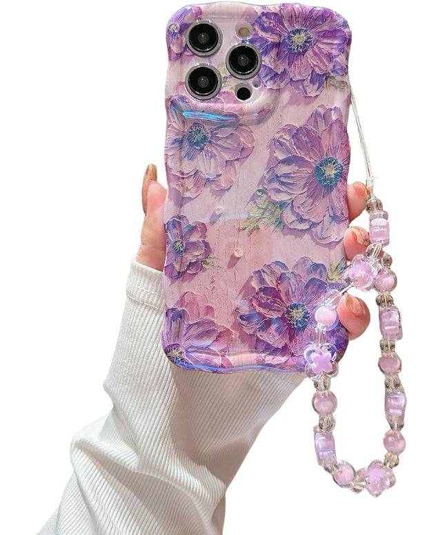 for iPhone 15 Plus Wavy Case, [Curly Protection Frame][Vintage Glossy Oil Painting Floral Print] with Lovely Bead Chain for Grils and Women (Purple)