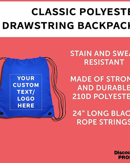 DISCOUNT PROMOS Custom Classic Polyester Drawstring Bagpack Set of 10/50/100, Personalized Bulk Pack - Great for Travelling, Gym and for Everyday Use - Royal Blue