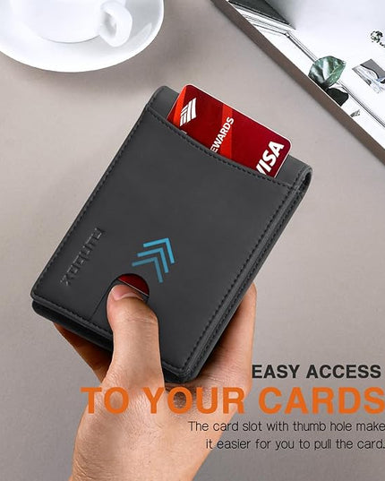 RUNBOX Slim Wallet for Men Genuine Leather RFID Blocking Bifold Minimalist Front Pocket Mens Wallet with Money Clip Thin Gift Box