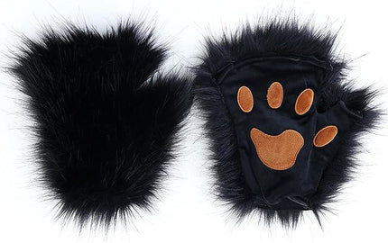 HAOAN Wolf Paw Gloves Faux Fur Cat Fingerless Mittens Winter Warm Cosplay Halloween Fancy Party Costume Accessories