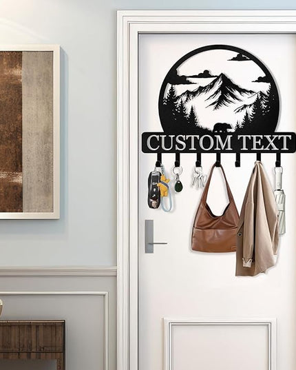 KAINSY Personalized Key Holder for Wall, Custom Name Metal Forest Bear Key Hooks, Coat Hook Key Holder Wall Mount, Key Rack Hanger Organizer for Kitchen, Entryway, Hallway, Door, Home Decor Gifts