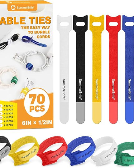 70 Pack Multi-Color Cable Ties 6 Inch with Writable Labels, Reusable Cord Organizer Straps, Hook & Loop Wire Management for Identifying Electronics, Charging Cables, Home Office & PC