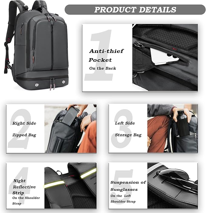 Somago 16 Inch Laptop Backpack Water Resistant Carry On Daypack Backpack Anti Theft Travel Rucksack Backpack with Shoe Compartment Shoulder Strap for Men Women, 33L (Grey)