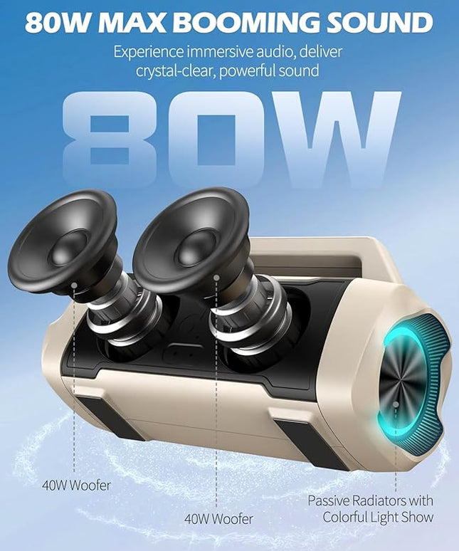 Speakers Bluetooth Wireless, 80W Peak Loud Outdoor Speaker with Bass, 20H Playtime, IPX6 Waterproof, TWS, BT5.3, Portable for Camping Hiking Boating Pool Beach, Desert Yellow