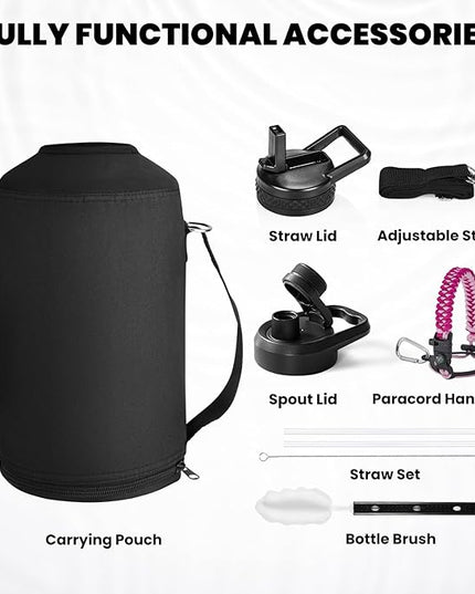 One Gallon Water Bottle Insulated, Triple Walled Vacuum Stainless Steel (Cold for 48 Hrs), Leak Proof & Non-BPA, Large Water Flask Jug with Paracord Handle & Straw Spout Lids