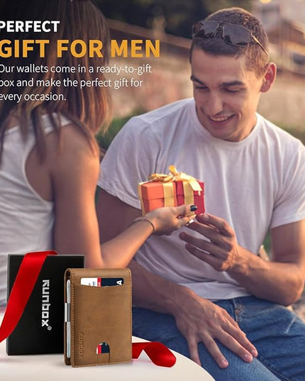 RUNBOX Slim Money Clip Wallets for Men RFID Blocking 11 Card Holder Minimalist Small Leather Bifold Men's Front Pocket Wallet Gift Box