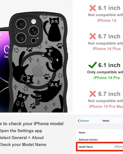 Cute Case for iPhone 14 Pro Case [Compatible with MagSafe] with Kawaii Black Cats Cat Print Pattern Design for Women Girls, Soft Wavy Edge Anti-Slip Animal Magnetic Protective Phone Cover