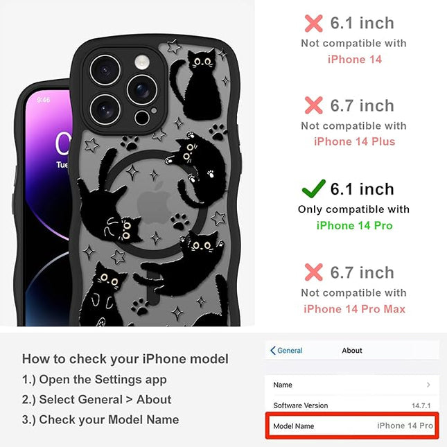 Cute Case for iPhone 14 Pro Case [Compatible with MagSafe] with Kawaii Black Cats Cat Print Pattern Design for Women Girls, Soft Wavy Edge Anti-Slip Animal Magnetic Protective Phone Cover