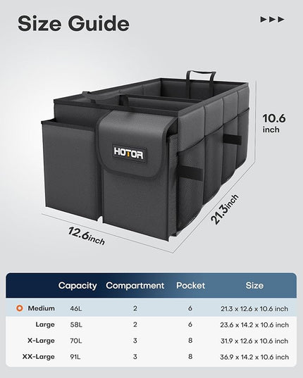 HOTOR Trunk Organizer - Car Organizer, Foldable Trunk organizer for SUVs & Sedans, Sturdy Car Organization for Car Accessories, Tools, Sundries, Black, 2 Compartments, 21.3"×12.6"×10.6"