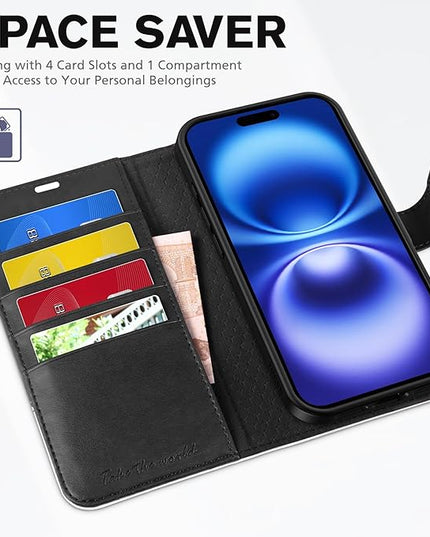 TUCCH Wallet Case for iPhone 16, Kickstand [RFID Blocking] [4 Card Slots] TPU Interior Protective Case, Magnetic Folio Shockproof PU Leather Flip Cover Compatible with iPhone 16 5G, Black & White